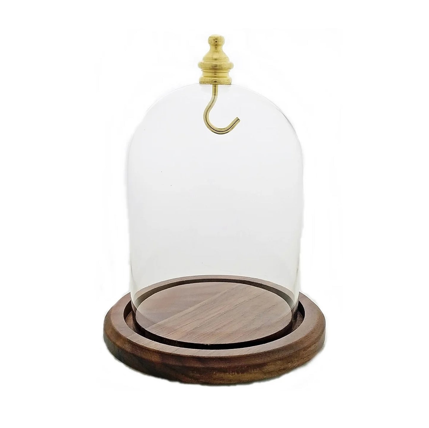 Pocket watch glass display dome cloche real walnut wood base and gold brass hook 3"x4", back view.