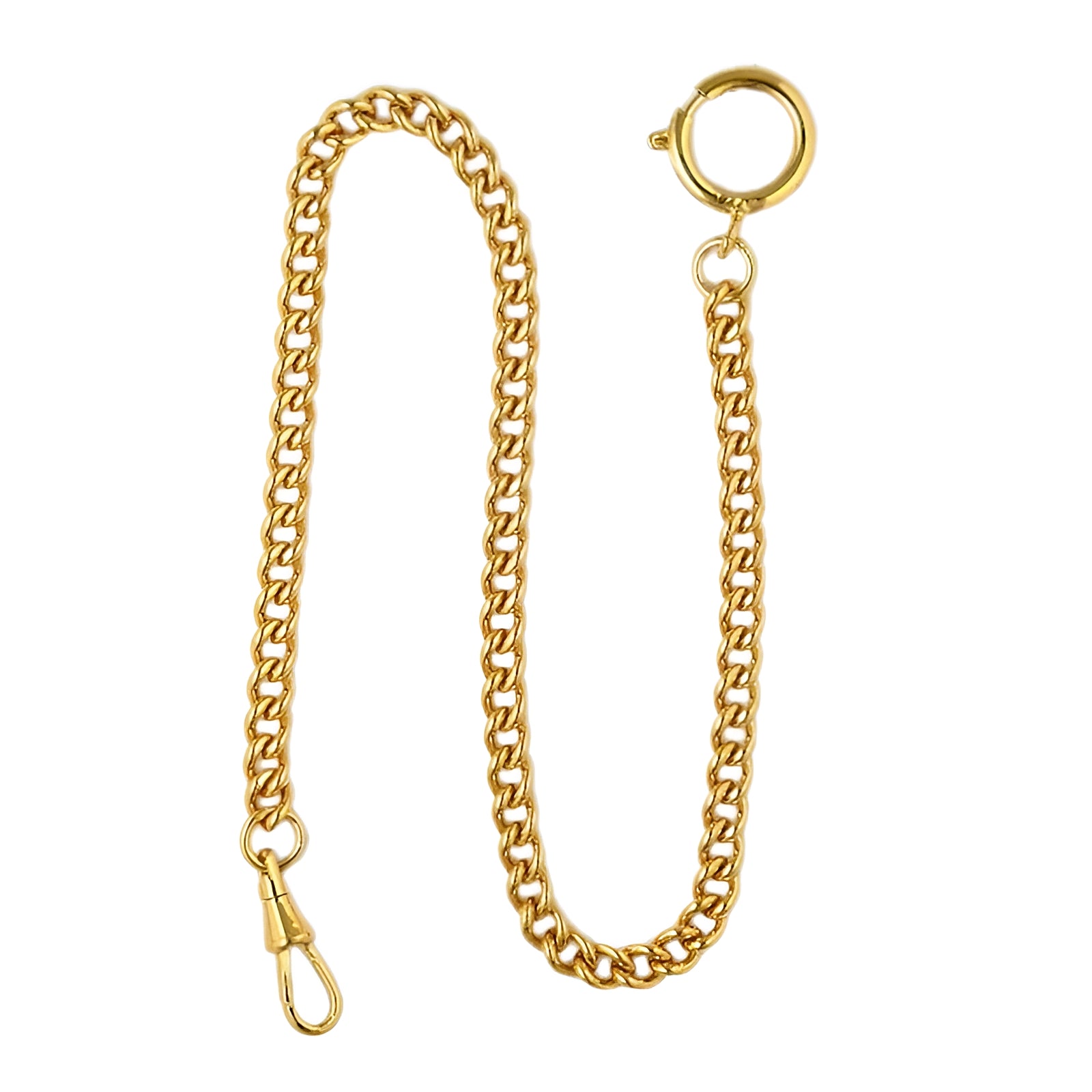 Dueber gold plated stainless steel "Sport Chain" pocket watch chain with spring ring, front view.