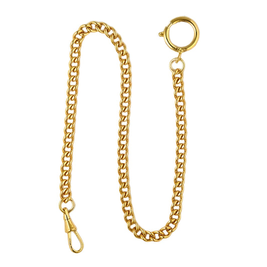 Dueber gold plated stainless steel "Sport Chain" pocket watch chain with spring ring, front view.