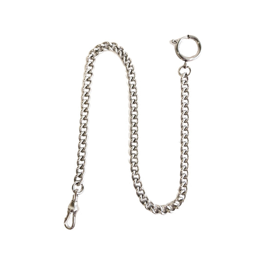 Dueber chrome plated stainless steel "Sport Chain" pocket watch chain with spring ring, front view.