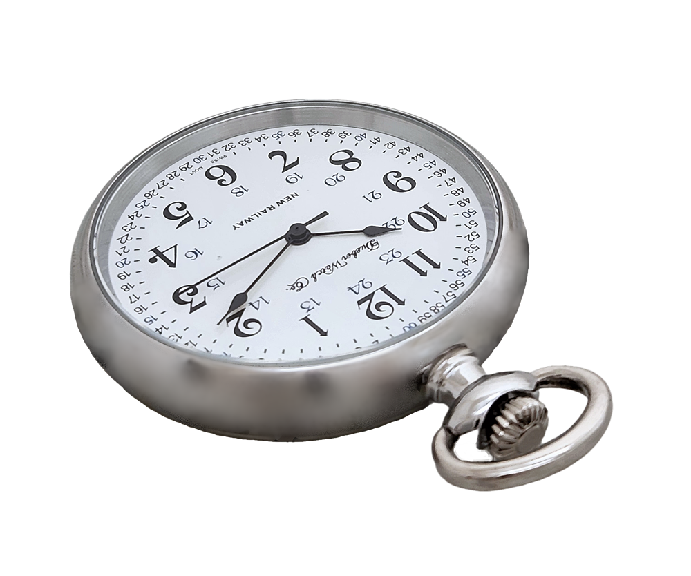 Dueber New Railway Swiss quartz movement pocket watch, railroad style dial, top front view.