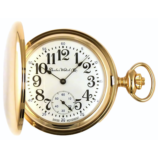 Dueber Model 27 pocket watch with Swiss made mechanical movement, gold plated steel case, front view.