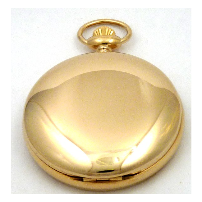 Dueber Model 27 pocket watch with Swiss made mechanical movement, gold plated steel case, back view.