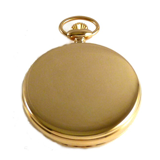 Dueber Model 27 pocket watch with Swiss made mechanical movement, gold plated steel case, front case view.