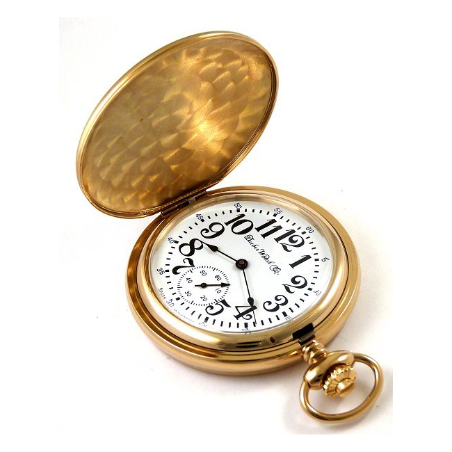 Dueber Model 27 pocket watch with Swiss made mechanical movement, gold plated steel case, above view.