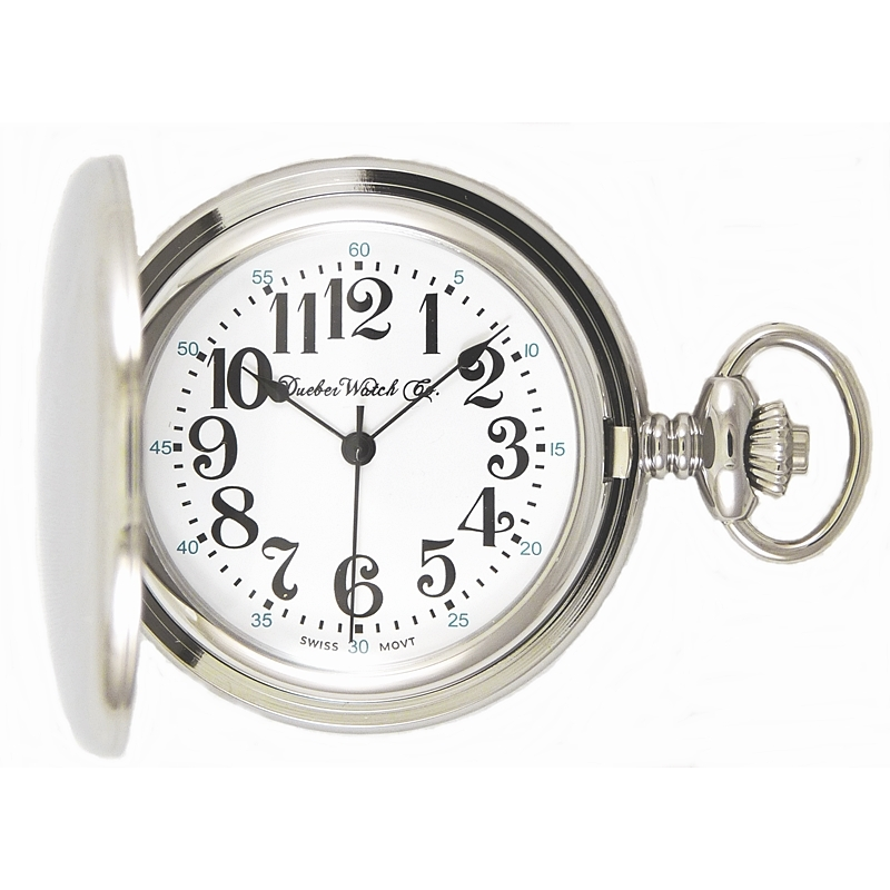 Dueber pocket watch, Swiss made quartz movement, chrome plated steel hunting case, front view.