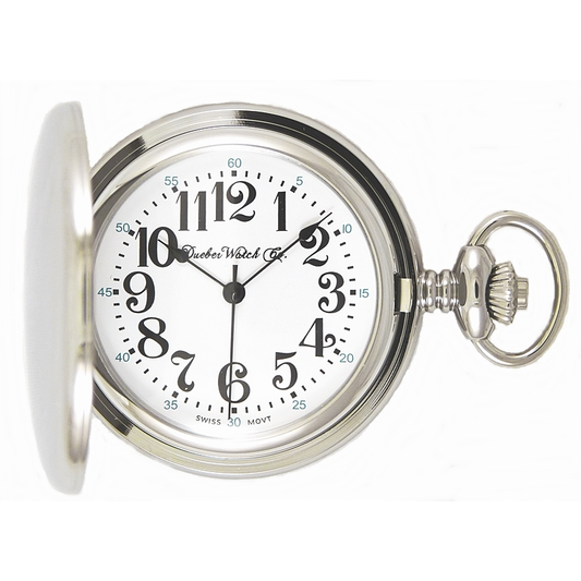 Dueber pocket watch, Swiss made quartz movement, chrome plated steel hunting case, front view.