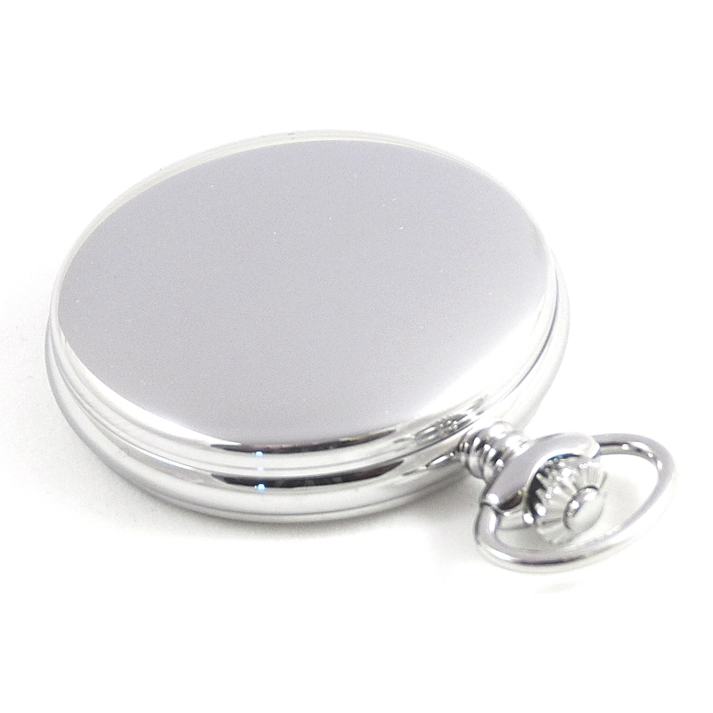 Dueber pocket watch, Swiss made quartz movement, chrome plated steel hunting case, front case view.