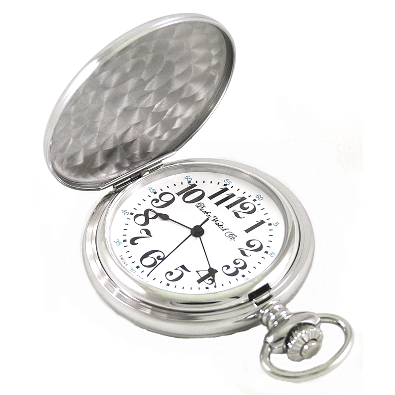 Dueber pocket watch, Swiss made quartz movement, chrome plated steel hunting case, above view.