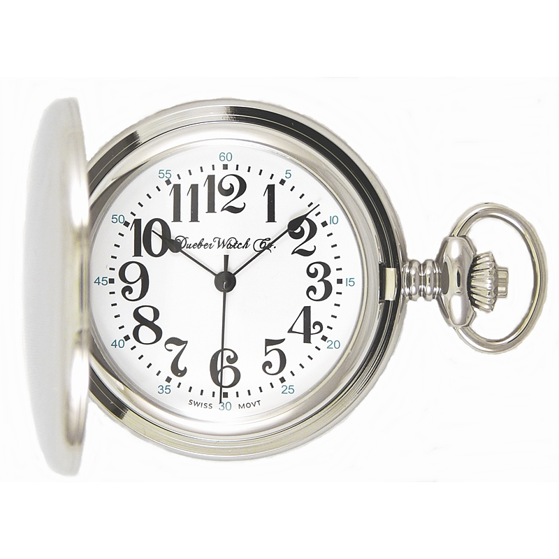 Dueber pocket watch, Swiss made movement, chrome plated steel case with locomotive, front view.