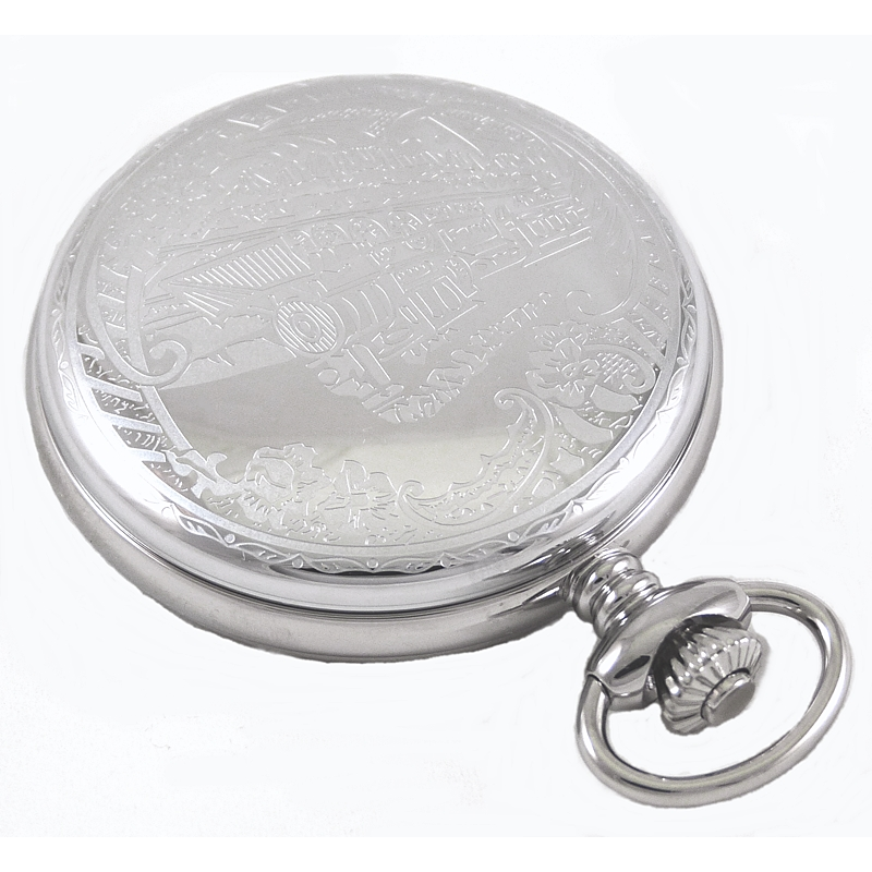 Dueber pocket watch, Swiss made movement, chrome plated steel case with locomotive, back view.