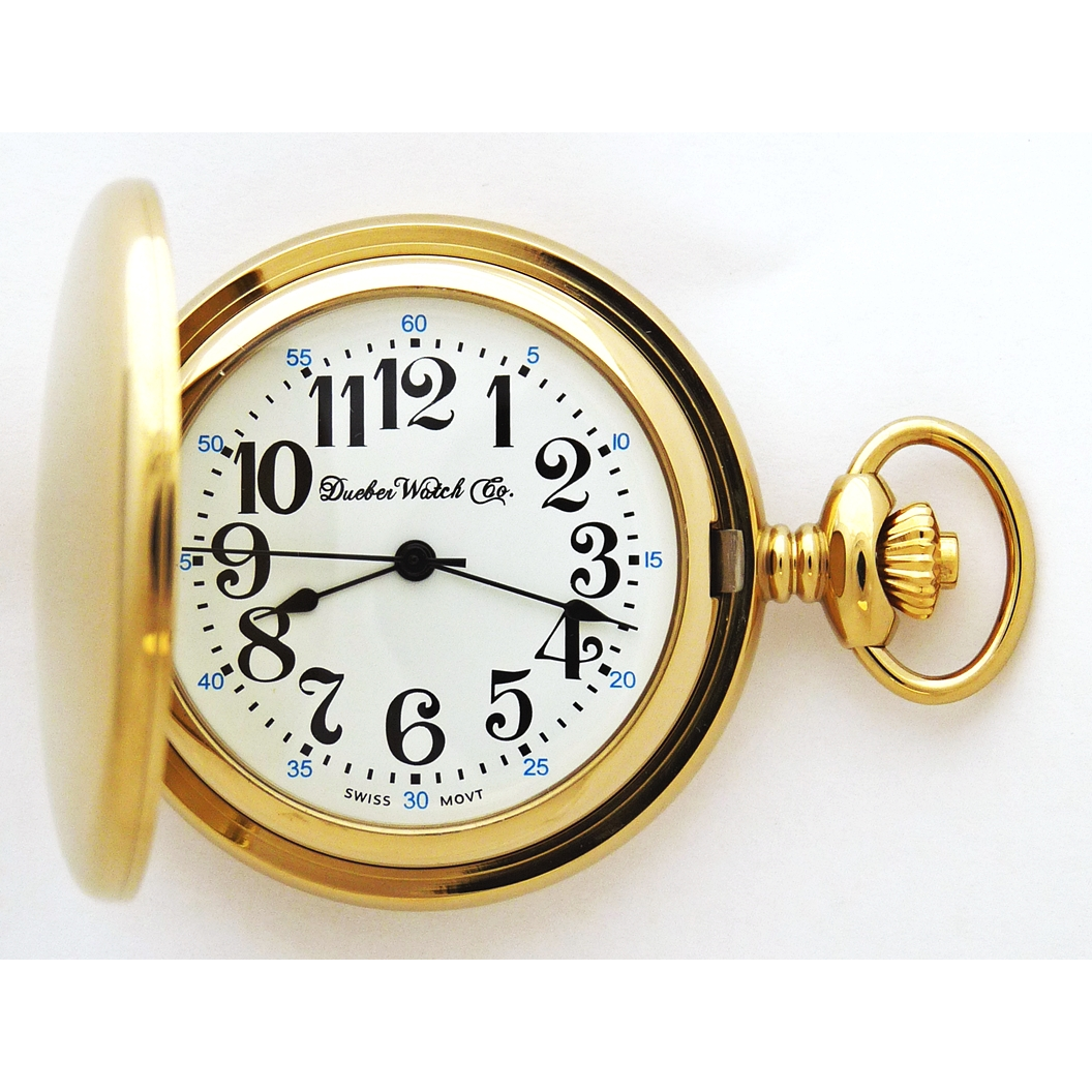Dueber pocket watch, Swiss made quartz movement, gold plated steel hunting case, front view.