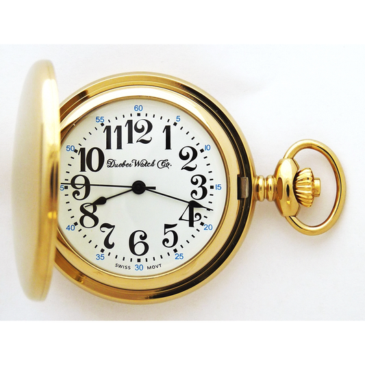 Dueber pocket watch, Swiss made quartz movement, gold plated steel hunting case, front view.