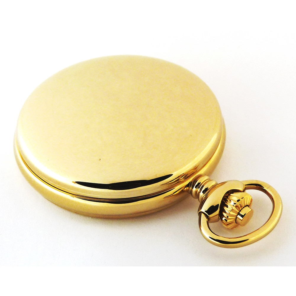 Dueber pocket watch, Swiss made quartz movement, gold plated steel hunting case, front case view.
