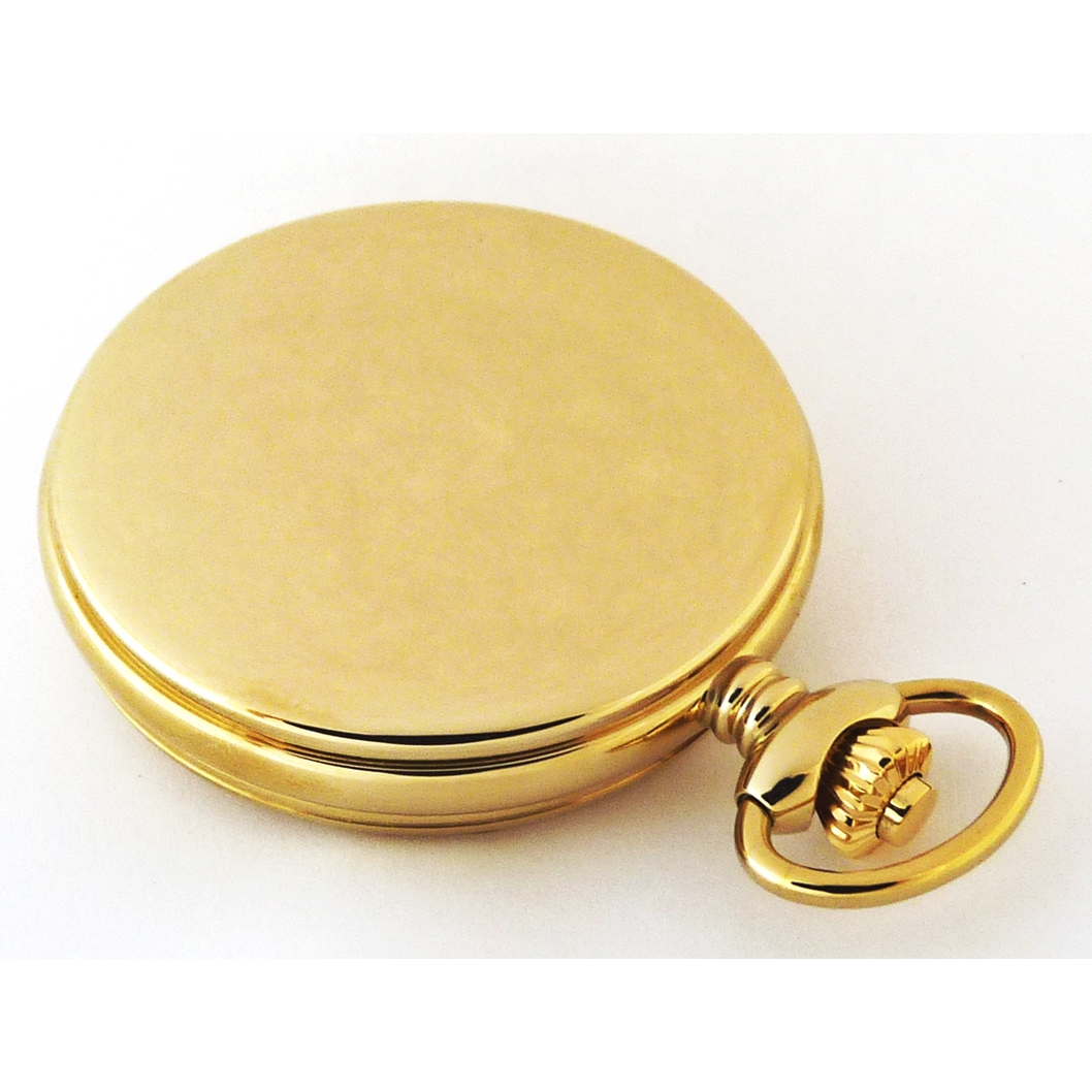 Dueber pocket watch, Swiss made quartz movement, gold plated steel hunting case, back view.