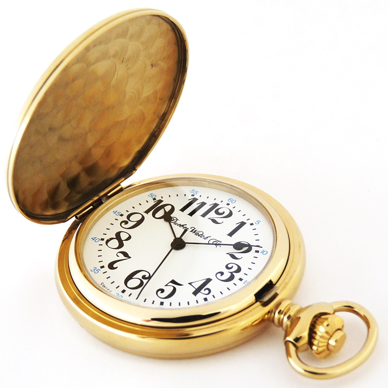 Dueber pocket watch, Swiss made quartz movement, gold plated steel hunting case, above view.