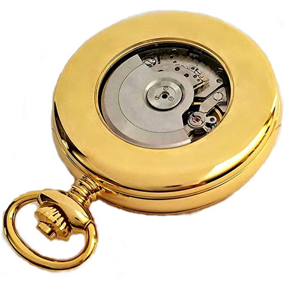 Desperado 33 jewel automatic pocket watch with power reserve indicator, back view.