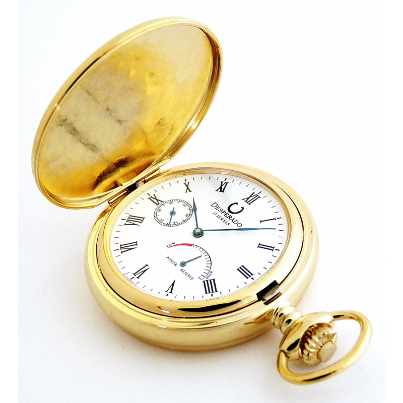 Desperado 33 jewel automatic pocket watch with power reserve indicator, above view.