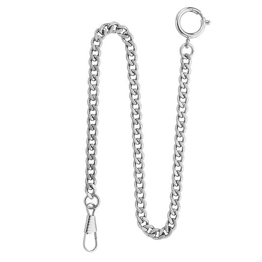 Desperado silver chrome plated sport pocket watch chain, front view.
