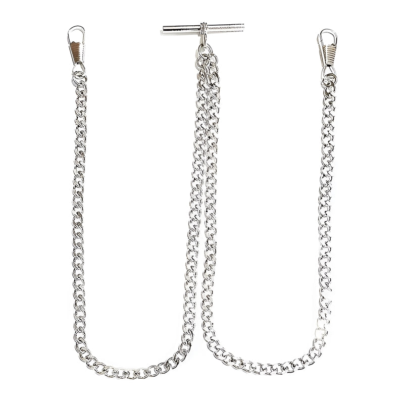 Desperado chrome double albert vest pocket watch chain with t bar, front view.