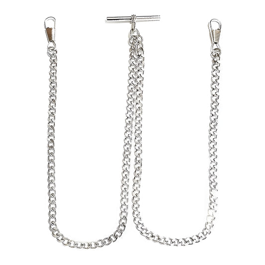 Desperado chrome double albert vest pocket watch chain with t bar, front view.
