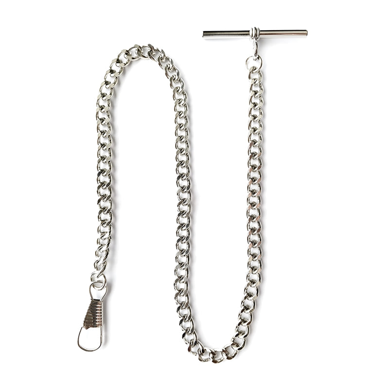 Desperado silver chrome plated albert vest t-bar pocket watch chain, front view.