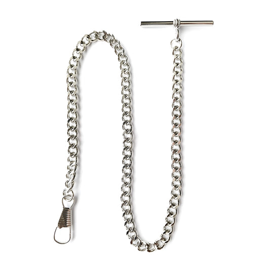 Desperado silver chrome plated albert vest t-bar pocket watch chain, front view.