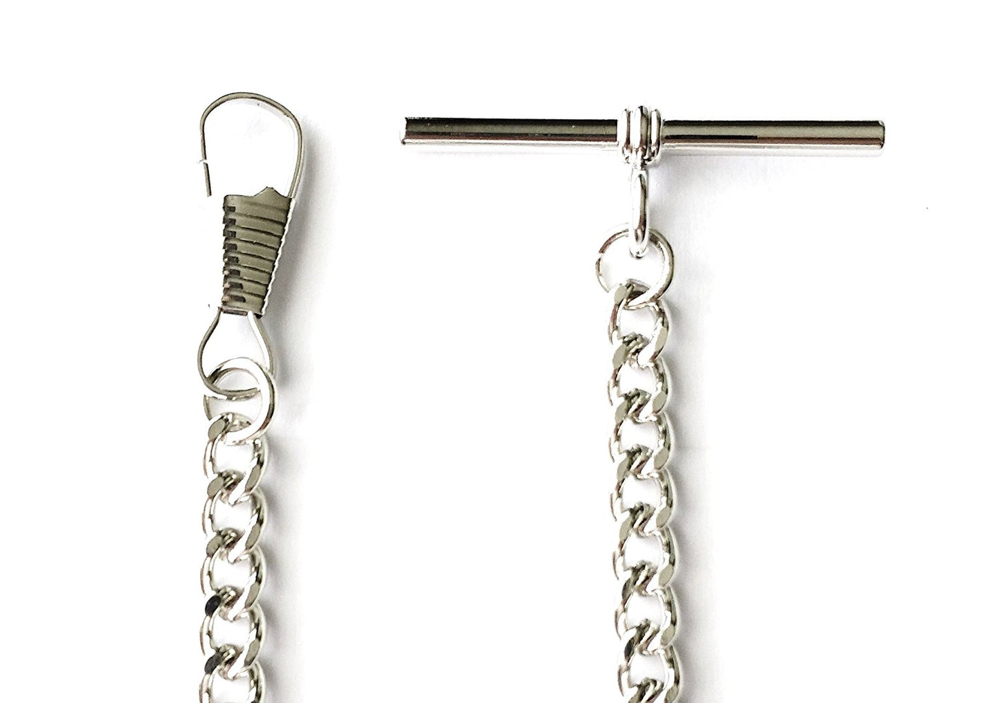 Desperado silver chrome plated albert vest t-bar pocket watch chain, clasp view.