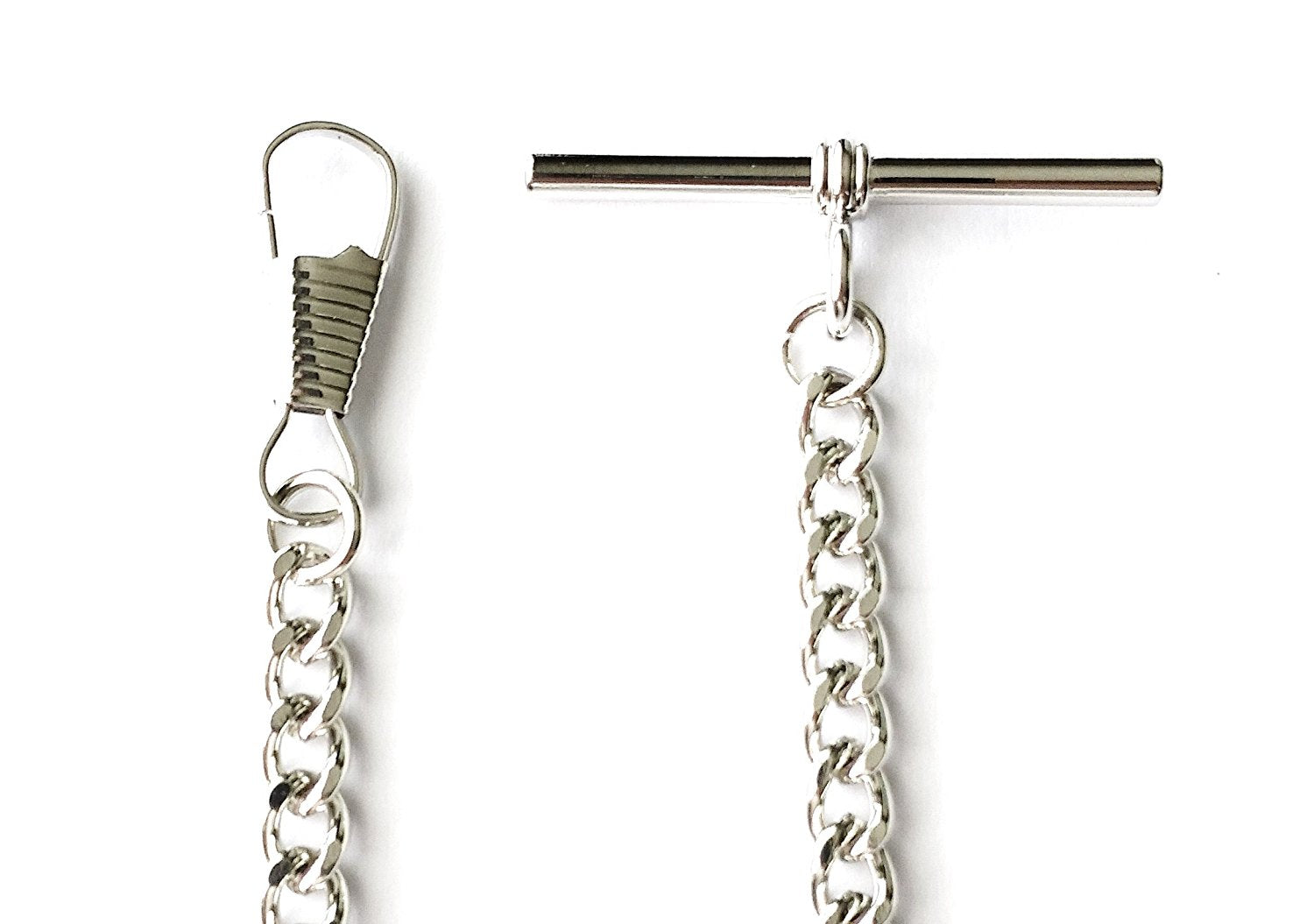 Desperado silver chrome plated albert vest t-bar pocket watch chain, clasp view.