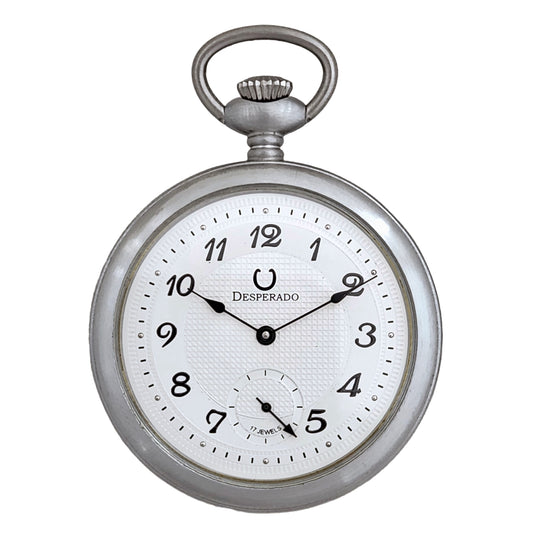 Desperado Jackson wind up high grade 17 jewel movement, Guilloche dial pocket watch, front view.