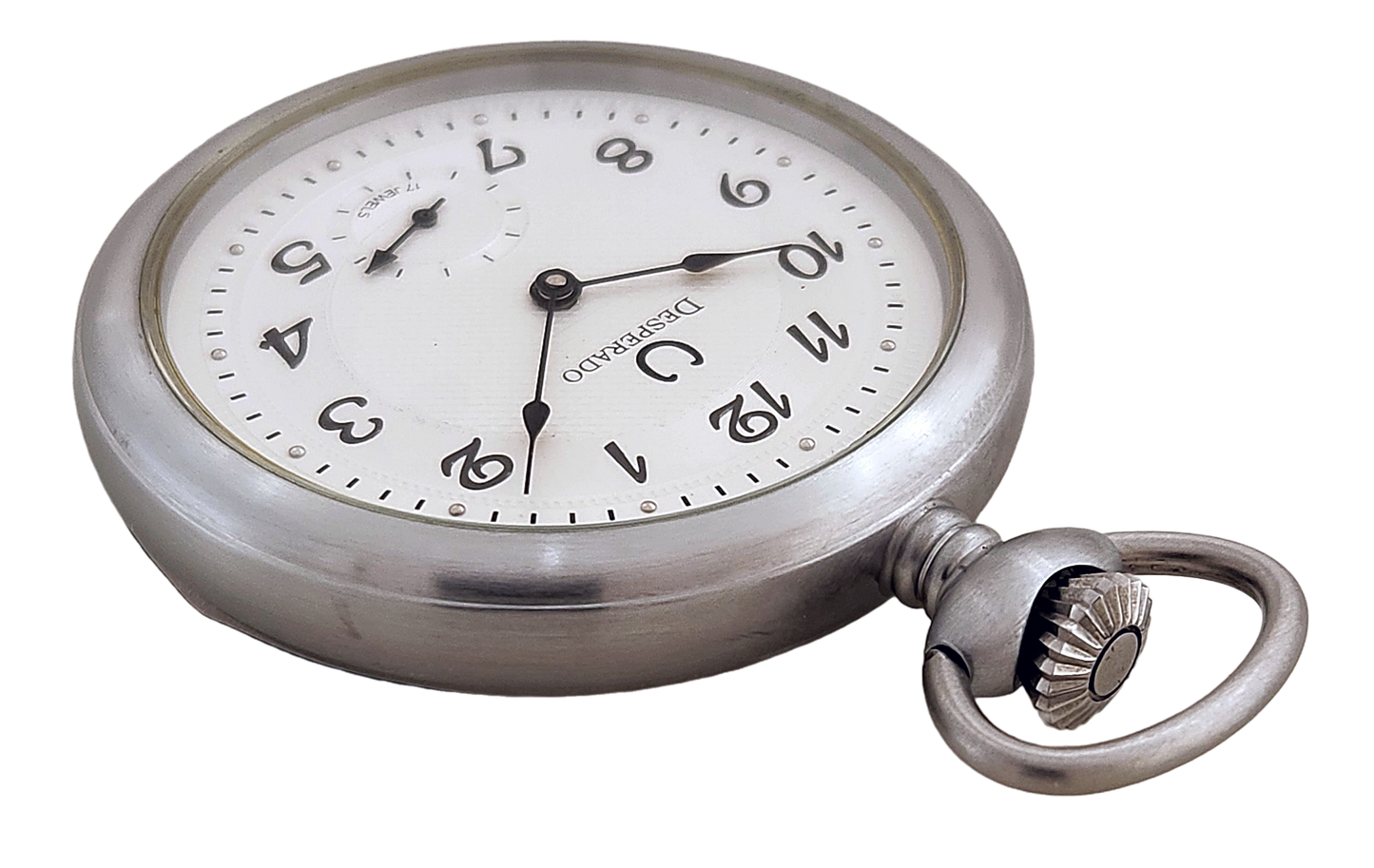 Desperado Jackson wind up high grade 17 jewel movement, Guilloche dial pocket watch, top front view.