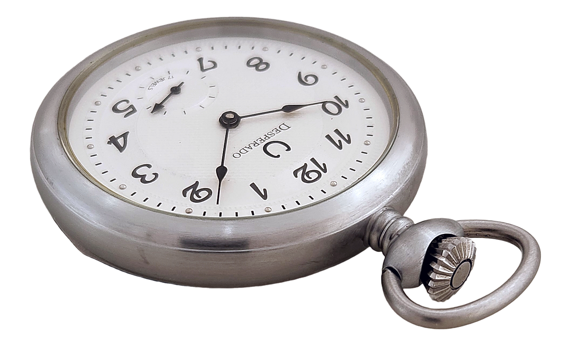 Desperado Jackson wind up high grade 17 jewel movement, Guilloche dial pocket watch, top front view.