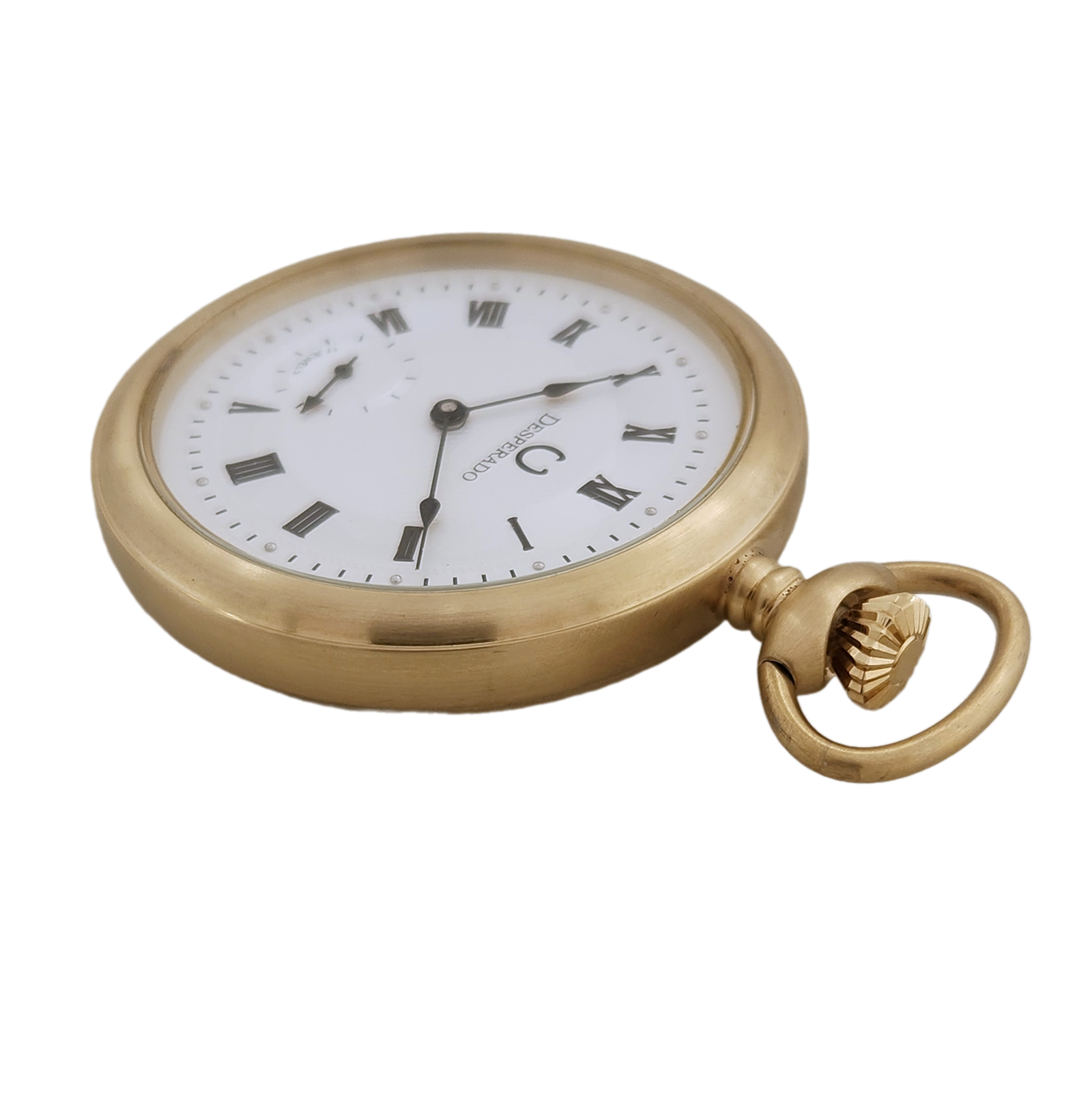 Desperado Carmel wind up high grade 17 jewel movement, Guilloche dial pocket watch, top front view.