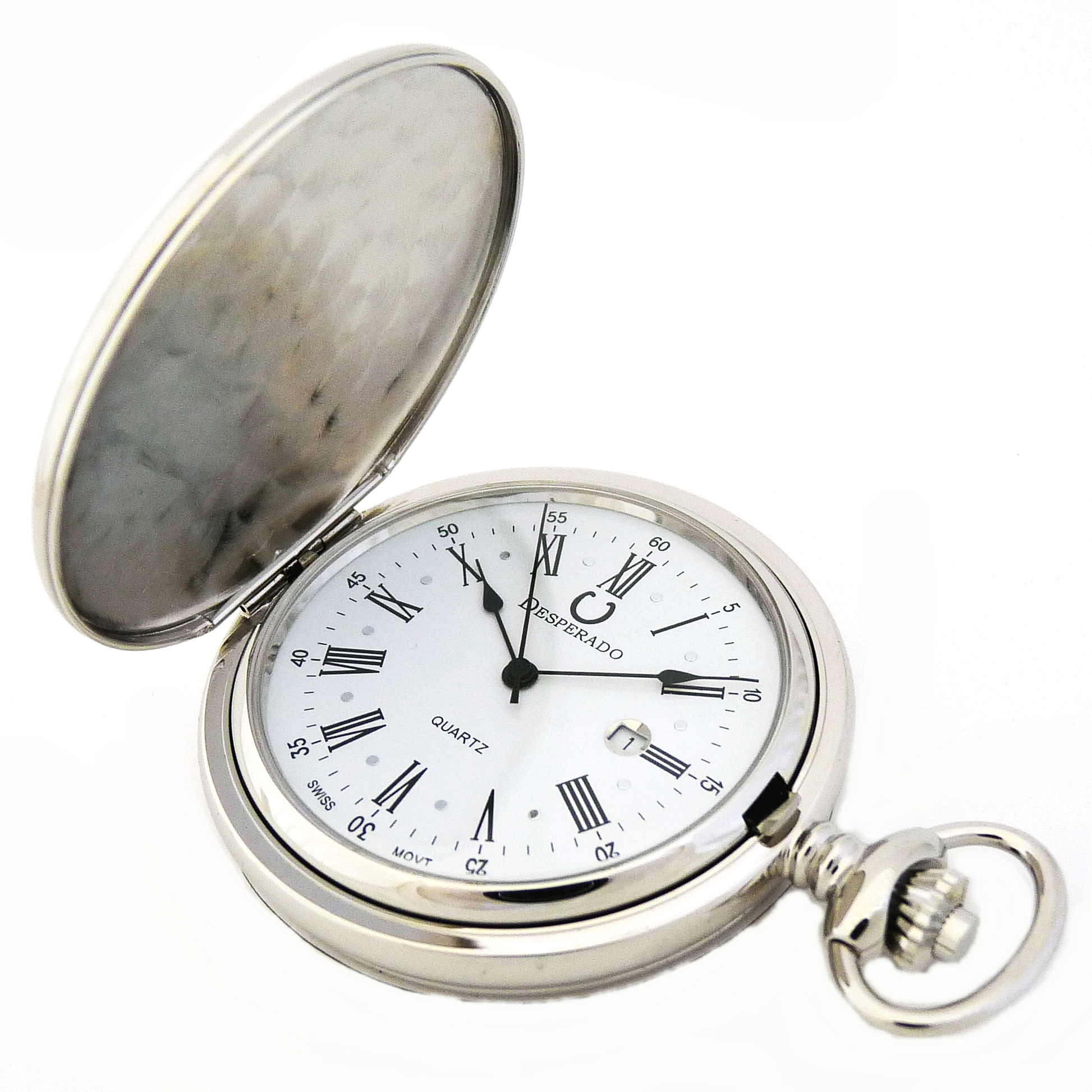 Desperado Jefferson chrome plated Swiss quartz pocket watch, above view.