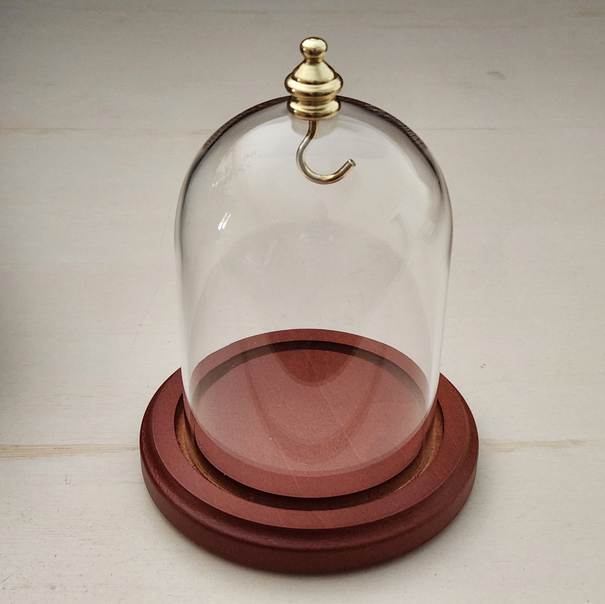 Pocket watch glass display dome cloche gold knob and hook walnut stained base 3"x4", back view.