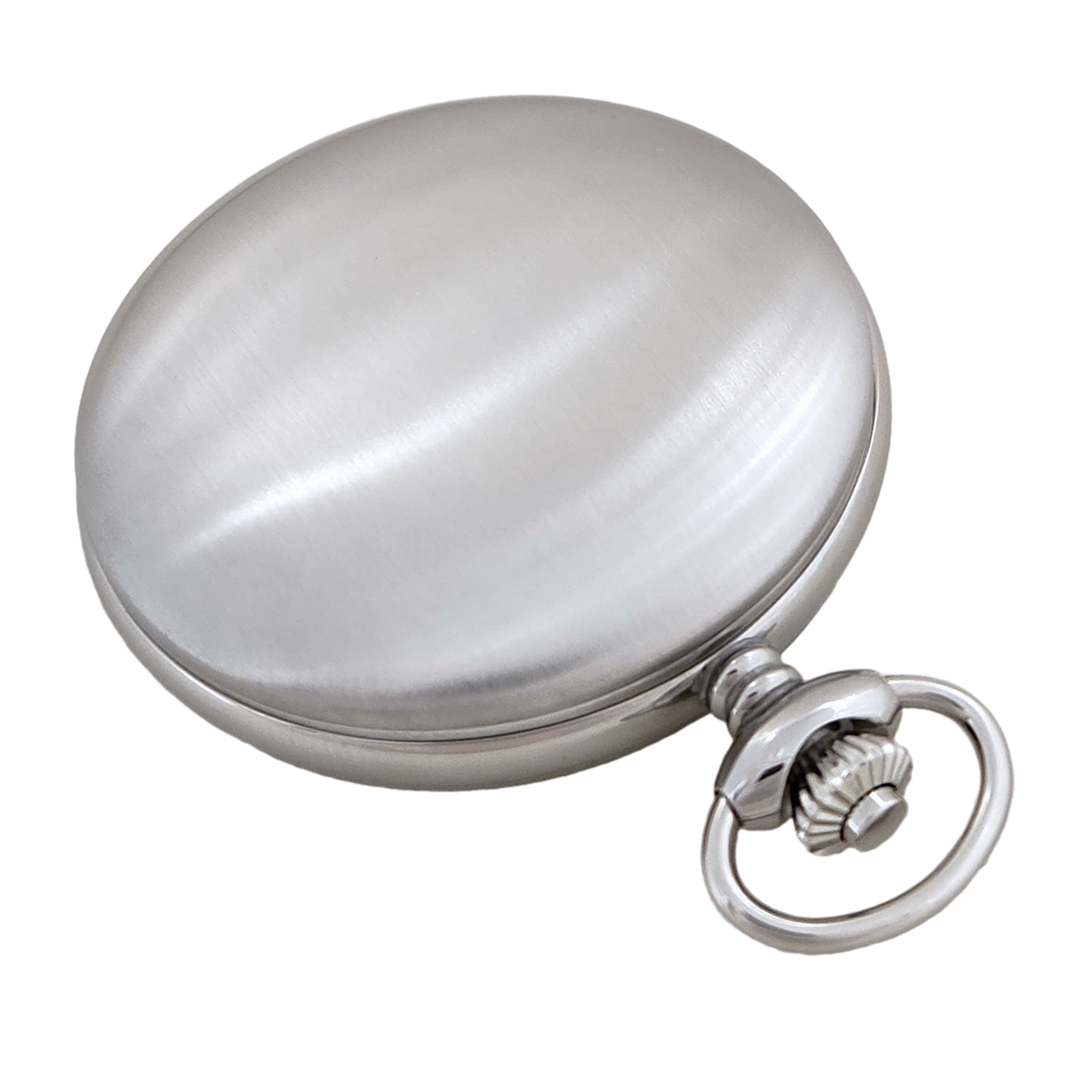 National Pocket Watch with Roman numerals, 17 jewel wind up mechanical movement, chrome plated steel hunting case, back view.