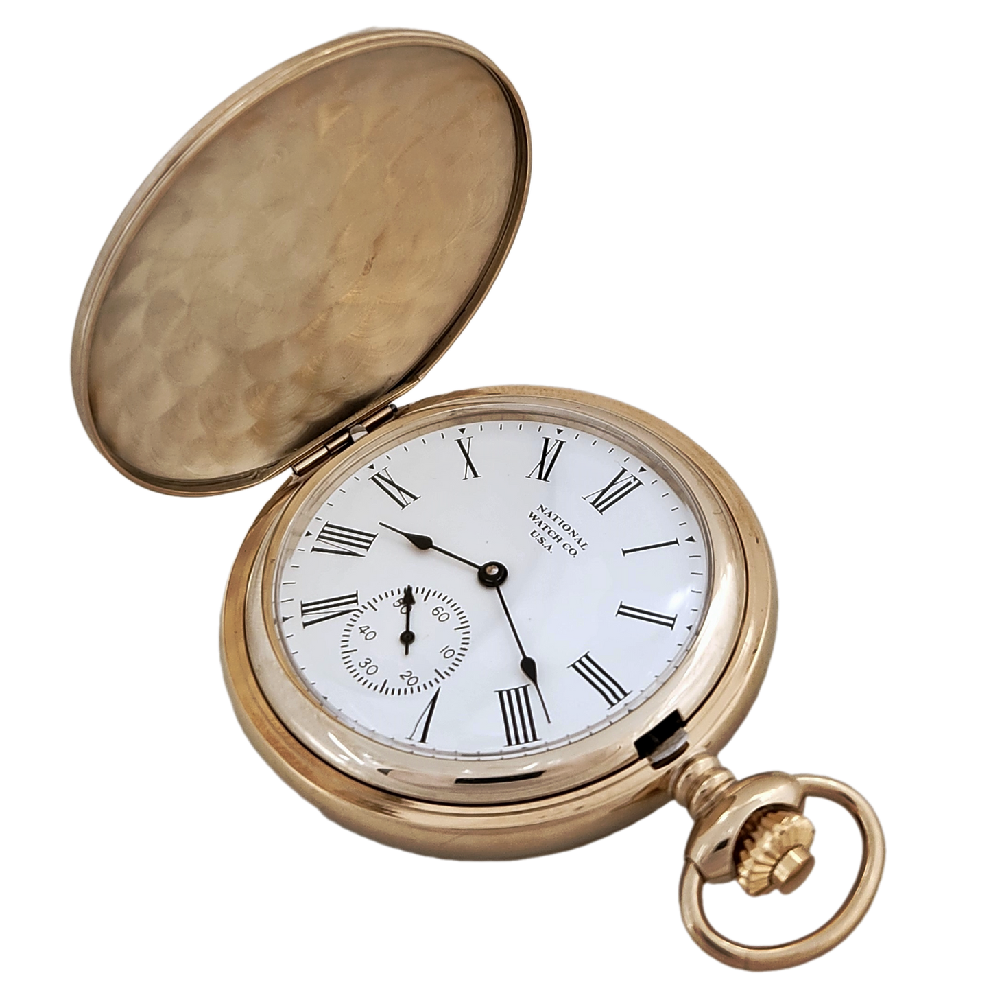 National Pocket Watch with 17 jewel wind up mechanical movement, gold plated steel hunting case, top front view.