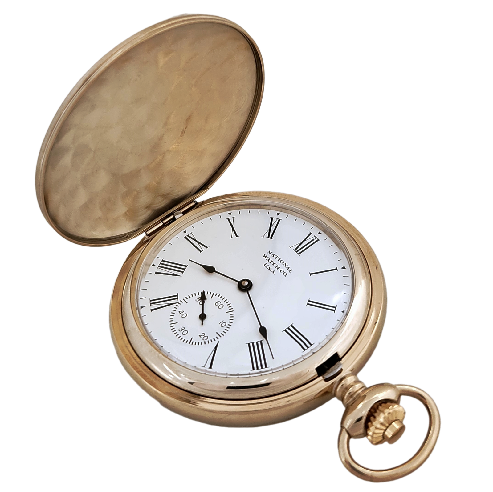 National Pocket Watch with 17 jewel wind up mechanical movement, gold plated steel hunting case, top front view.