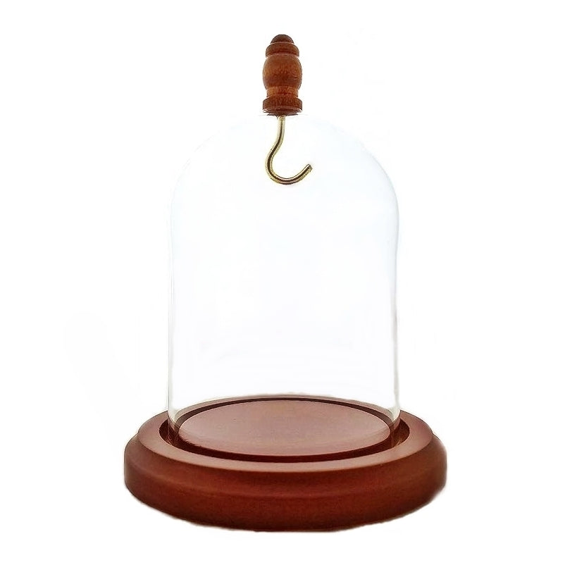 Pocket watch glass display dome cloche wood knob and hook walnut stained base 3"x4", back view.