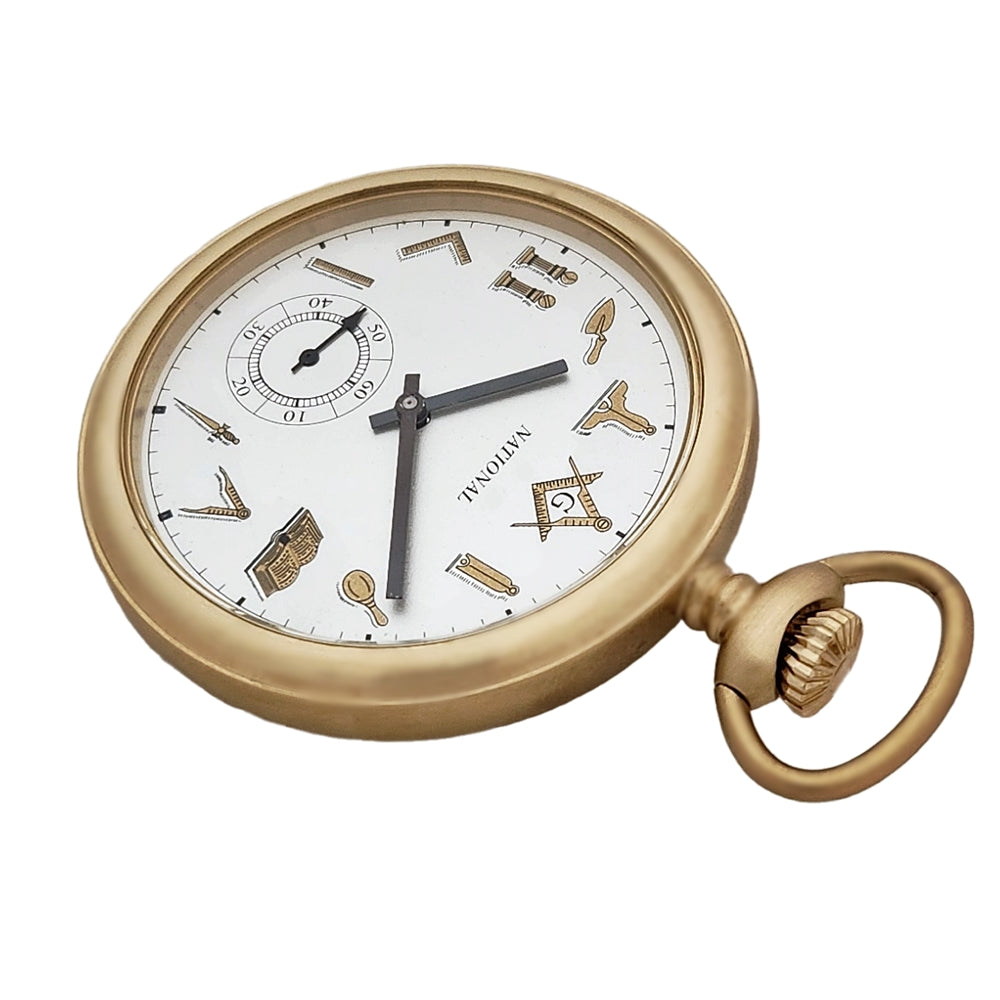 National Pocket Watch, mechanical 17 jewel movement, Masonic dial, limited edition, top front view.