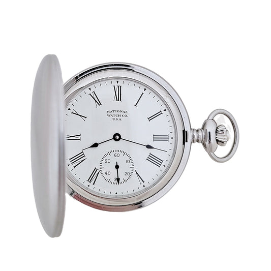 National Pocket Watch with Roman Numerals, 17 Jewel Wind Up Mechanical Movement, Chrome Plated Steel Hunting Case