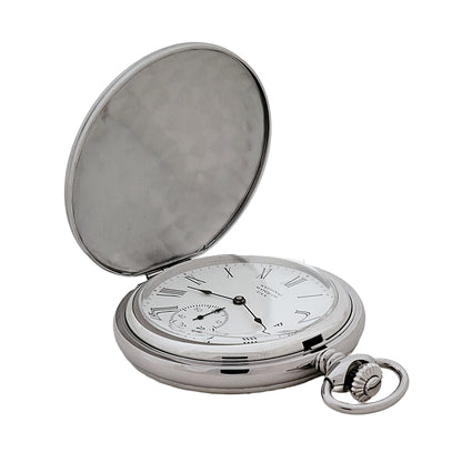 National Pocket Watch with Roman numerals, 17 jewel wind up mechanical movement, chrome plated steel hunting case, top front view.