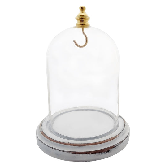 Pocket Watch Glass Display Dome Cloche Gold Knob with Hook and Distressed White Base 3"x4"