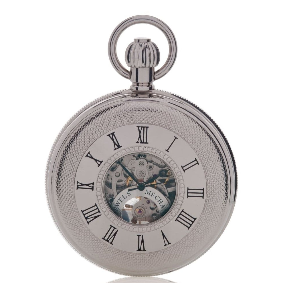 Rapport of London mechanical 17 jewel silver-tone double opening half hunter pocket watch, front view.