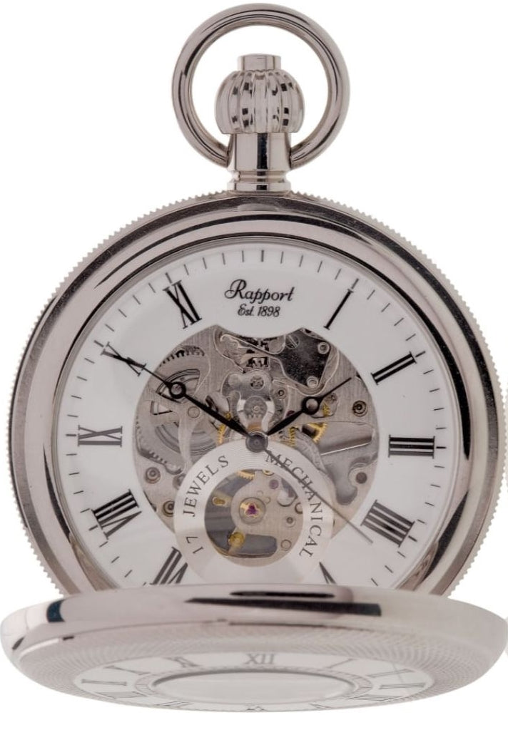 Rapport of London mechanical 17 jewel silver-tone double opening half hunter pocket watch, front view open.
