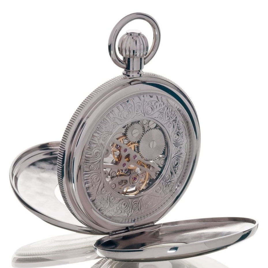 Rapport of London mechanical 17 jewel silver-tone double opening half hunter pocket watch, back view open.