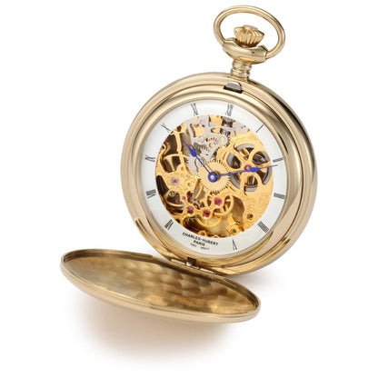 Charles Hubert, Paris 17 jewel wind up mechanical movement, gold plated steel double hunting case pocket watch, front view.