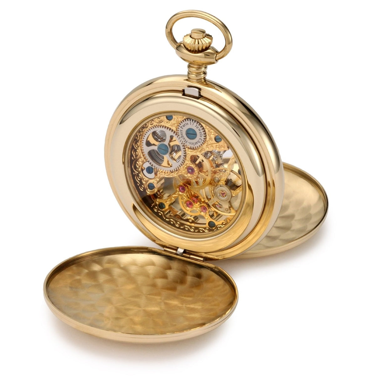 Charles Hubert, Paris 17 jewel wind up mechanical movement, gold plated steel double hunting case pocket watch, back view open.