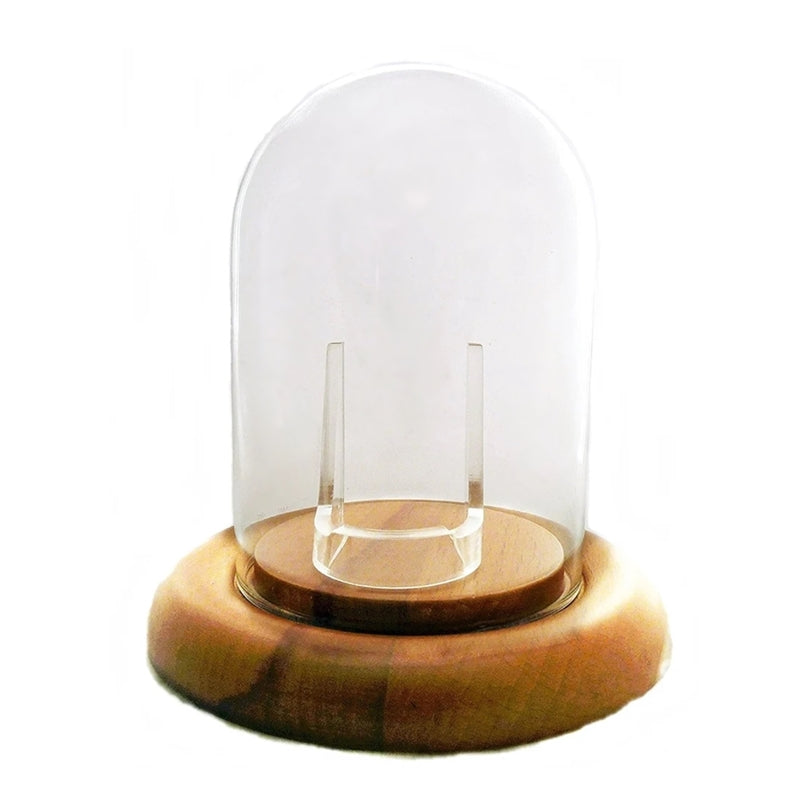 Pocket watch glass cloche display dome oak wood base and clear stand 3"x4", front view.