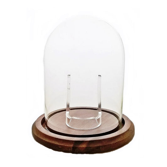 Pocket watch glass cloche display dome real walnut wood base and clear stand 3"x4", front view.